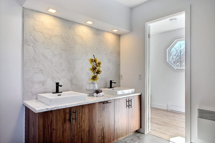 Black walnut bathroom, double basin